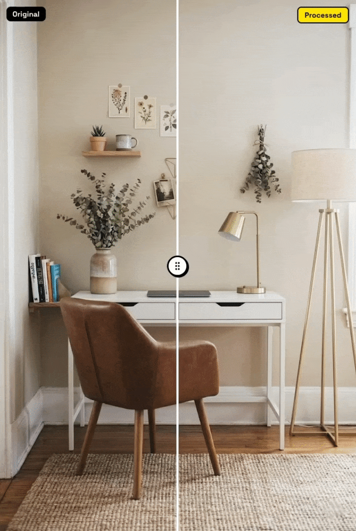 AI watermark removal example 2 - room image comparison animation